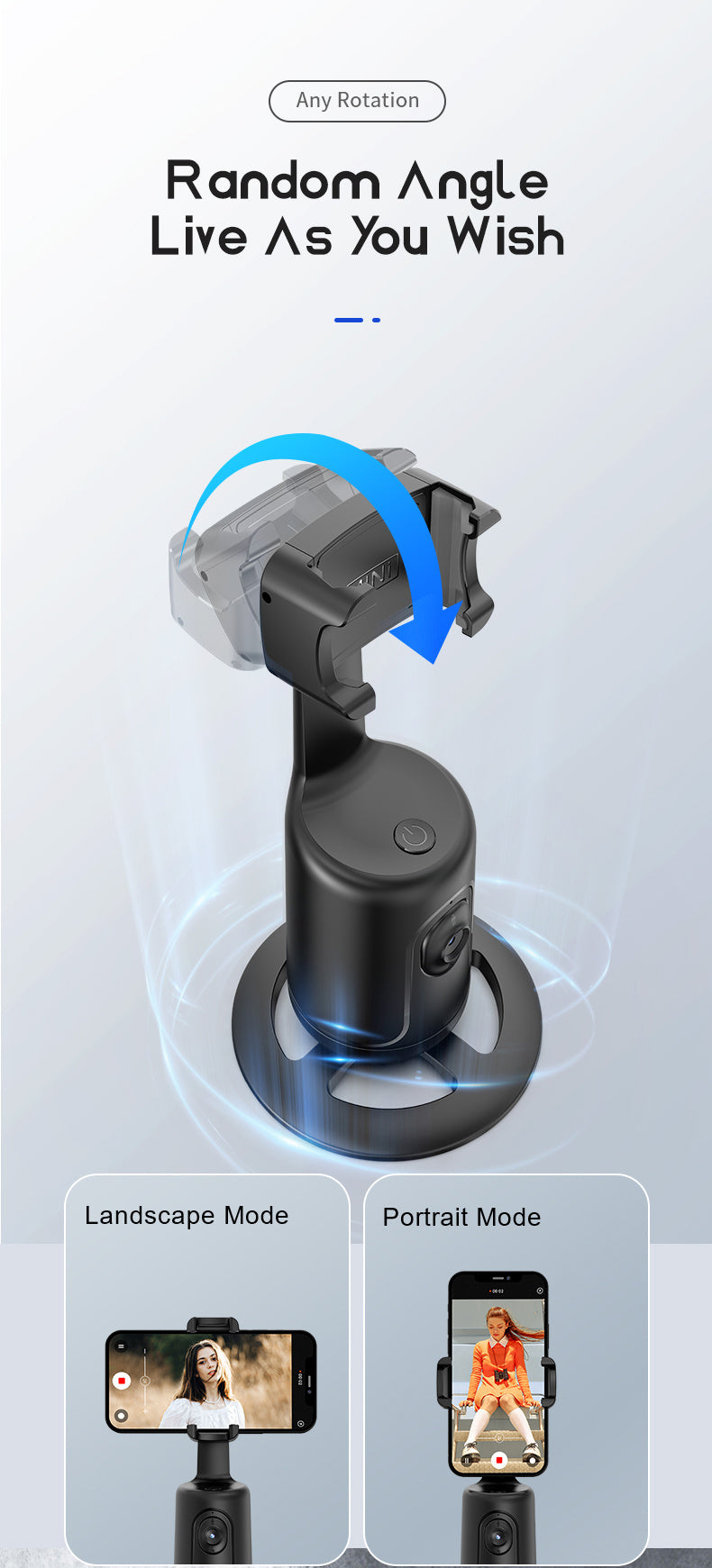 Auto Face Tracking Tripod – 360° Smart Motion, No App Required, Rechargeable, Black