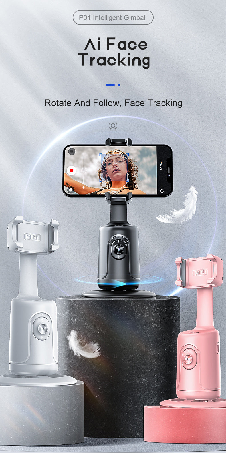 Auto Face Tracking Tripod – 360° Smart Motion, No App Required, Rechargeable, Black